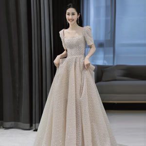 Elegant Sparkling Evening Gown Womens New 2025 Party Hostess Long Dress Glittering Floor-Length Korean Style Short Sleeve