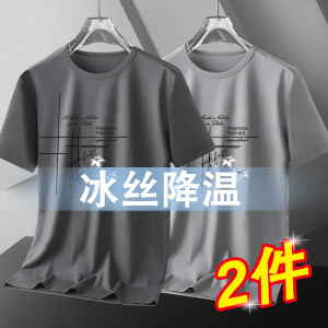 Ice Silk Mens Short Sleeve T-Shirt 2024 New Style Thin Quick Dry Mesh Sporty round Neck Geometry Print Summer Fashionable