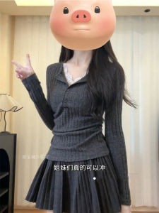 Áo Sơ Mi Cổ Chữ V Dài Tay Ren Dệt Kim Ôm Vừa Vặn Áo Lót Hai Mảnh Giả Thời Trang Thu Đông Áo Sơ Mi Nữ