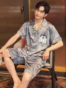 ผู้ชายฤดูร้อนผ้าไหมน้ําแข็งแขนสั้นบางส่วนชุดนอน 2023 ใหม่การ์ตูนแอนิเมชั่นออกแบบเสื้อผ้าสไตล์เรียบง่ายสําหรับเยาวชน