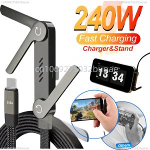 240W PD Type C Fast Charging Cable With Phone Holder Stand Bracket for Gaming Video 90°Ellow Data Cord for IPhone 17 16 15 PM
