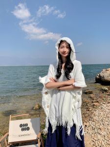 Bohemian Knitted Shawl with Hood Multi-Functional Travel Outerwear Spring Summer Autumn Tassel Trim Womens Long Rectangular Wrap