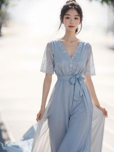 QFN | Blue V-neck Flower Print Dress Long Summer