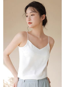 chaqi | White V-neck Short Sleeve Womens Blouse Summer Outerwear Design Loose Fitting Silk Vest Top Commute Style Pure Color