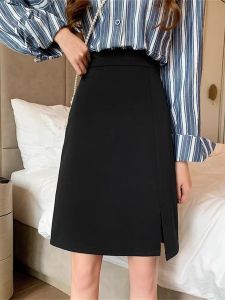 Professional Black Asymmetrical A-Line Mini Skirt for Women High Waist Polyester Workwear Skirt with Slit Mid-Length Skirt
