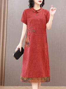 Silk Cheongsam Dress Loose Fit Chinese Style Wedding Guest Dress Summer Season Womens Fashion A-Line Skirt Short Sleeve