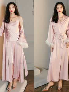 Bridal Gown Feather Nightdress Long Fall and Winter Womens Ice Silk Suspender Skirt Long Sleeves Two-Piece Pajamas Wedding Pajamas