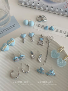 Sweet Blue Summer Drops Star Heart-shaped Earrings with Zirconia Inlay Alloy Plating Silver Gold Suitable for Females