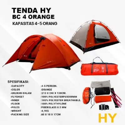 Tenda Camping HY Borneo 4 Kap 4-5 P frame fiber Tenda Camping HY BC 4 Kapasitas 4 up 5 orang Doubel Layer