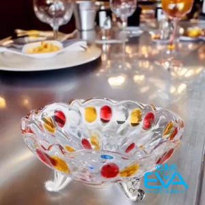 Tô Thuỷ Tinh Pha Lê Màu 3 Chân Hoạ Tiết Chấm Bi Màu Đựng Hoa Quả / Dĩa Đựng Hoạ Quả Chấm Bi Thuỷ Tinh Màu 3 Chân Cao Cấp