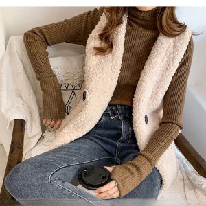 AMILUCK | เสื้อกั๊กขนแกะสำหรับผู้หญิง ฤดูใบไม้ร่วง ทรงหลวม แขนกุด แจ็คเก็ตแบบสวมหัว ผ้าฝ้ายผสมโพลีเอสเตอร์ คอวี กระดุมเดียว