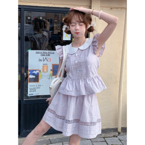 SinsinGirl Light Purple Bubble Mud Summer Beautiful Small Set Dress Half Skirt Two Piece Set Fashionable Womens Ensemble