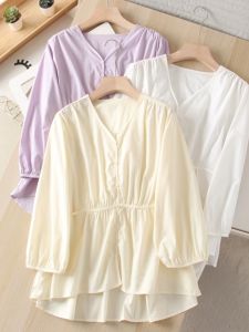 Slimming V-Neck Waist-Cinching Belted Three-Quarter Sleeve Shirt Women Solid Color Simple National Style Korean Loose Fit Cotton