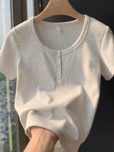 2024 Summer New Womens Short Sleeve T-Shirt Slim Fit Grey Half Sleeve Button-up Work Clothing Cotton Polyurethane Blend