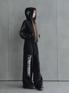 [Womens Pleated Elastic Waist Wide-Leg Pants]กางเกงวอร์มขากว้างเอวสูงพิมพ์ลายตัวอักษรสไตล์อเมริกันสำหรับผู้หญิงในช่วง