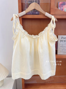 ชุดนอนผ้าฝ้ายแท้สไตล์ฝรั่งเศสสำหรับผู้หญิงในช่วงฤดูร้อนพร้อมแผ่นเสริมหน้าอกชุดนอนแขนกุดหลวมๆ สีสันสดใส