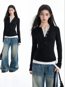 BAIDAIFEI | American False Two-Piece Henley Neck Long Sleeve T-Shirt