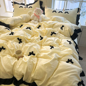 INS Cream Yellow Bows Washed Cotton Lace Four-Piece Set Towel Embroidery Quilt Cover Bed Sheets Dormitory Single 3 PCs Set 4