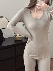 Warm Fleece Lined Underwear Set for Women Thickened Long Sleeve round Neck Pure Color Home Wear Thermal Inner Clothes Set