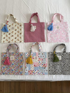 the Fifth Moon Original Cute Red Plaid Bear  Floral Fruit Sweet Leopard Print Tassel Handbag Cotton Fabric Casual Bag