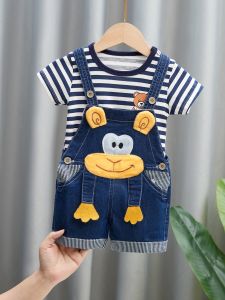 กางเกงยีนส์เด็ก ชุดกางเกงขาสั้นลายการ์ตูน 3 ชิ้น สำหรับเด็กชายและเด็กหญิง ฤดูร้อน ผ้าฝ้าย ระบายอากาศได้ดี