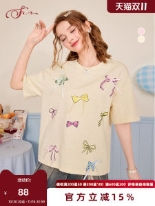 SEENFAAN Summer New Loose Womens T-shirt Colorful Yarn Casual Fashion Street Style round Neck Short Sleeve Decorative Design