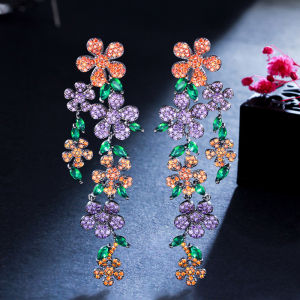 SEQUITO Full Pave Cubic Zircon ชุบทอง ยาวแขวนต่างหู ประณีตผู้หญิง ประเภทผู้หญิงแฟชั่นฤดูร้อน ชุบทองสีดำดอกไม้ Leaf ยาวแขวนต่างหู สำหรับของขวัญวันเกิด SE651