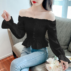 Fashionable One-Shoulder Bell Sleeve Chiffon Top Womens Spring Autumn New Style Doll Shirt Exposed Shoulder Waist Cinching