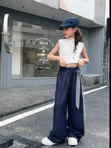 New Kids Girls Loose Pants for 6-16years old Teens Wide Leg Baggy Pants with Belt Fashion Long Straight Leg Pants Ice Silk Summer Casual Trend New Design Hot Sale