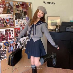 Korean Style Sweet Youth Navy Collar Knitted Cardigan Womens Early Autumn New Unique Short Sweater Jacket Top