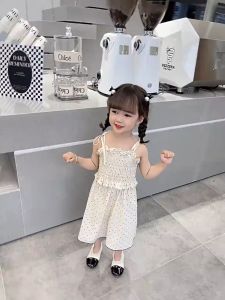 WANDER ชุดเช็ตเด็กผญ การออกแบบลายจุดแฟชั่น เสื้อกั๊กแขนกู้เด็กหญิง + กางเกงขาสั้นชุดสองชิ้น 2389