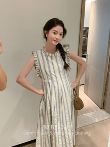 Summer Long Stripe Vest Dress Loose Maternity Gown Belly Covering Korean Style Cotton Linen Fabric Maternity Clothing