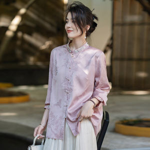 Elegant Long Sleeve Embroidered Shirts Womens New Chinese Style National Trend Vinegar Satin Surface Shirt Stand Collar