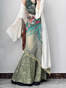 Bohemian Long Tassel Denim Skirt Mid-Length Half Body Vintage Style Pocket Detail Natural Waist Dyeing Fish Tail Design