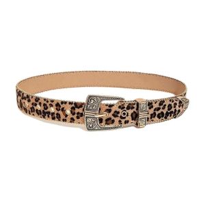 BUYLEMO Western Leopard Print PU Leather Belt Vintage Engraved Pin Buckle Decorative Belt For Women
