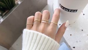 5pcs/set Cincin Titanium Wanita Korea 1 Set Cincin Mutiara Geometris Gaya Korea Cincin Fashion