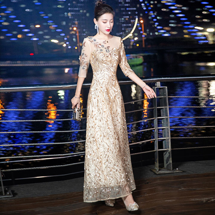 Eaglely Sequins Glitter Long Gold Evening Dress Women Elegant Classy 2024 Dinner Anual Party 6617