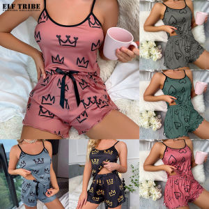 ELF TRIBE Bộ đồ ngủ nữ thời trang 2 món Bộ Đồ Ngủ khối màu mặc nhà Đai Quần Chữ Y gợi cảm