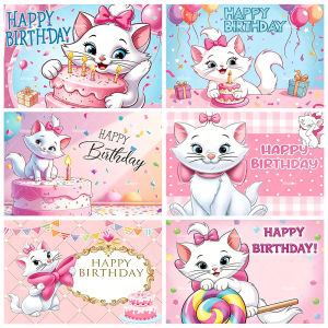 Cute Pink Marie Cat Backdrop Girls Birthday Decorations Party Supplies Baby Shower Banner Photo Background Poster Props Gifts