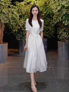 White Summer New Style Womens Dress Loose Fit A-Line Skirt Polyester Fiber round Neck Short Sleeve Zipper Closure Elegant