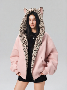 A chock | Rabbit Ears Warm Fleece Hoodie Leopard Pattern Zipper Outerwear