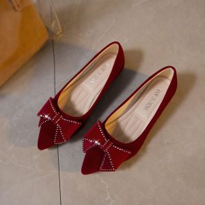 Comfortable Flat Heel Womens Shoes Spring Autumn New Style Pregancy Shoes Red Wedding Shoes Korean Style Butterfly Knot Pearl Diamond Embellished