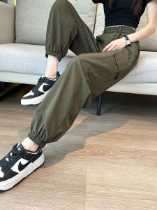 LANGPIN | กางเกงทำงานผู้หญิงเอวสูงทรงหลวมขาบานฤดูร้อนบางใหม่สไตล์อเมริกันแห้งเร็ว กางเกงขายาวทรงฮาราจูกุสปอร์ต