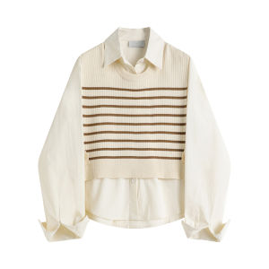 Xinmonlee Preppy Style Knitted Vest Two-piece Set Female Autumn Shirt Tops Easiest for Match Fashion Suit