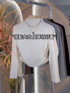 White Long Sleeve Half High Collar Slim Fit Solid Color Fashionable Versatile Womens Base Shirt T-Shirt Korean Style Commute