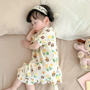 Girls Summer Lightweight Pure Cotton Short Sleeve Sleepwear Onesie Cute Princess Style Gauze Robe Baby Home Clothes Kids