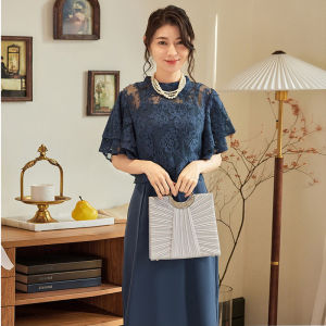 Elegant Lace Dress Set Womens Mid-Length Skirt And Dress Two-Piece Summer Outfit Polyester Fiber Short Sleeve round Neck