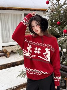 Christmas Zodiac Year round Neck Knitted Sweater Loose Sweet Lazy Style Winter New Arrival Womens Cashmere Long Sleeve Top