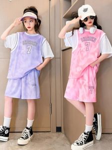 Girls Basketball Uniform Quick Dry Sports Set Short Sleeve Training Clothes Childrens Fake Two-Piece Summer Clothing