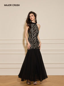 French Elegant Halter Lace Sequins Embroidery Dress